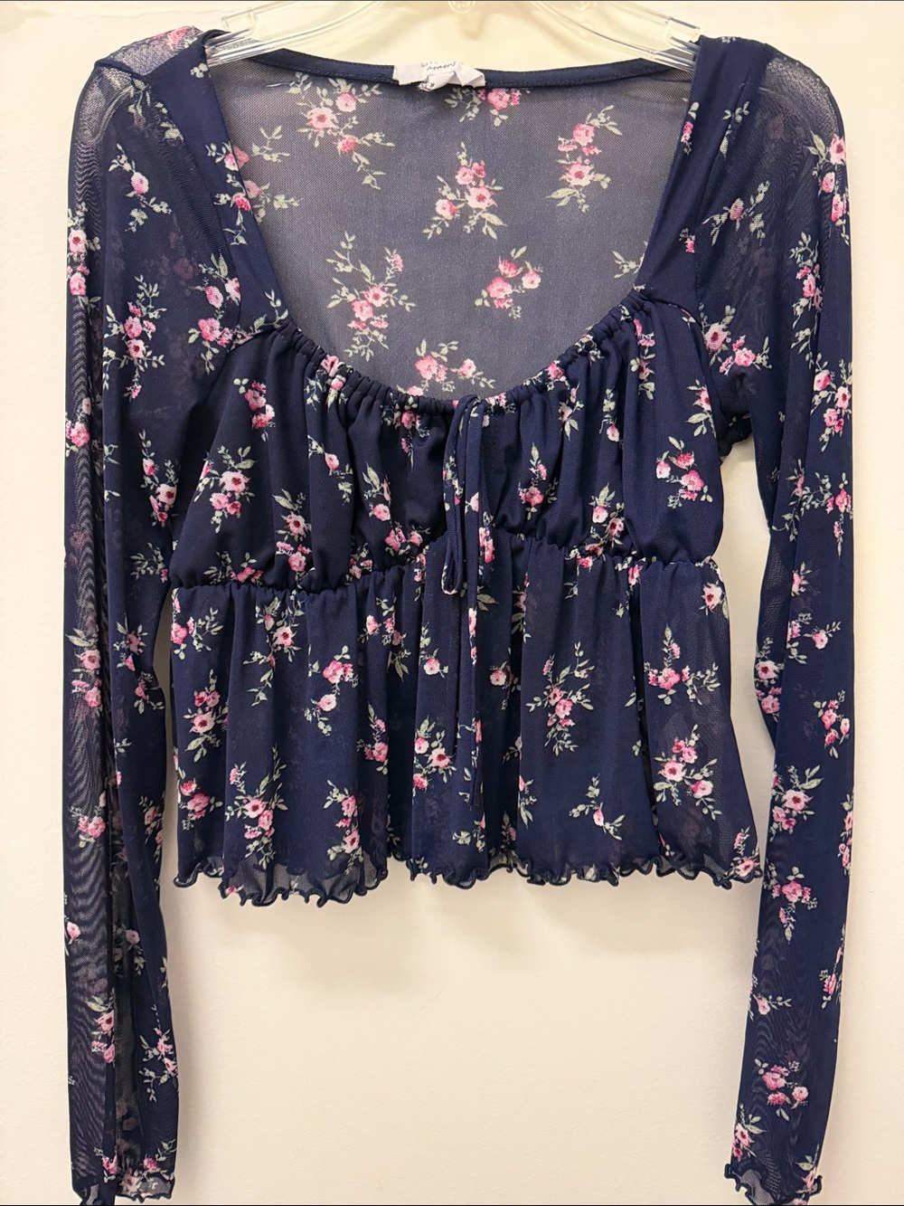 Navy Floral Tie-Front Mesh Peplum Crop Top - Unknown Brand